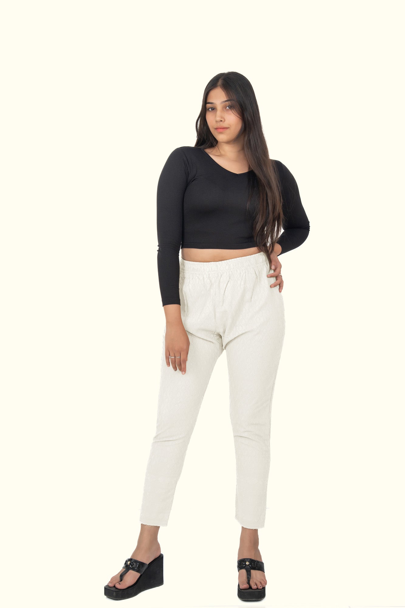 Off White Rayon Chikan Pant
