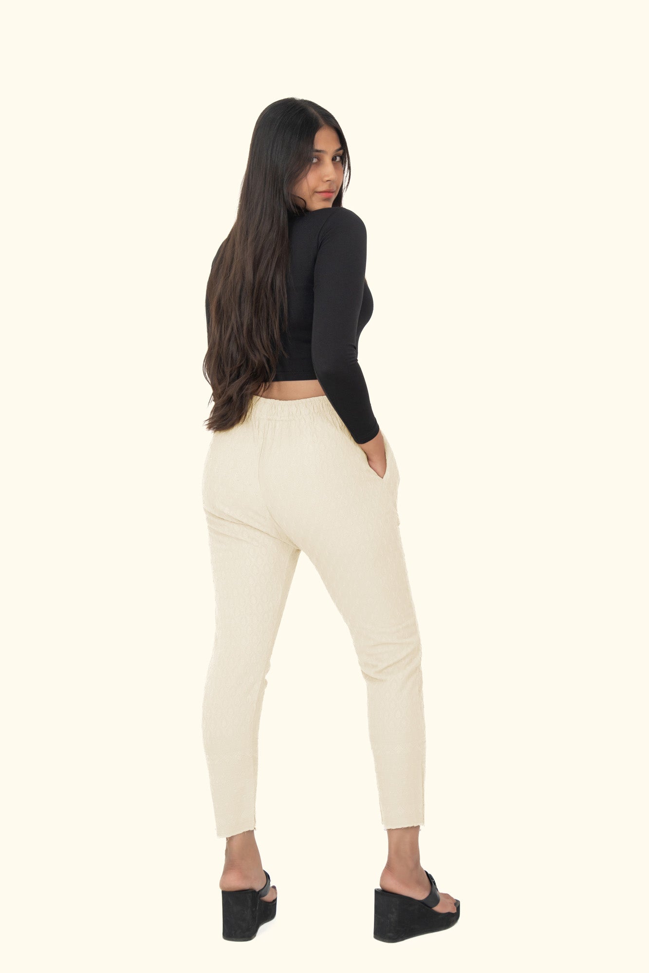 Cream Rayon Chikan Pant