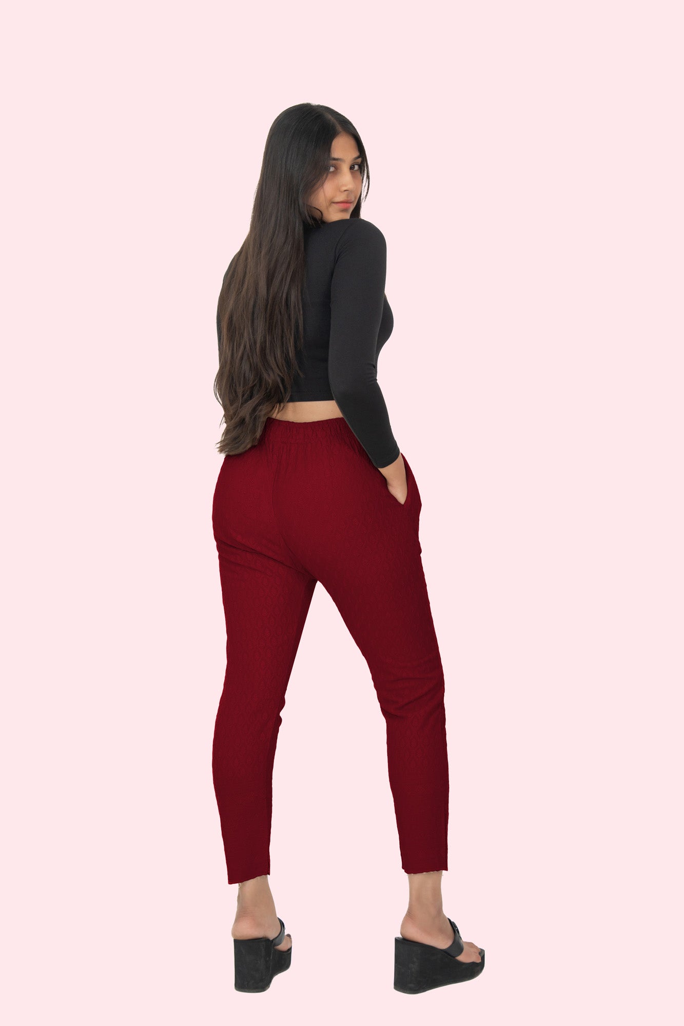 Red Rayon Chikan Pant