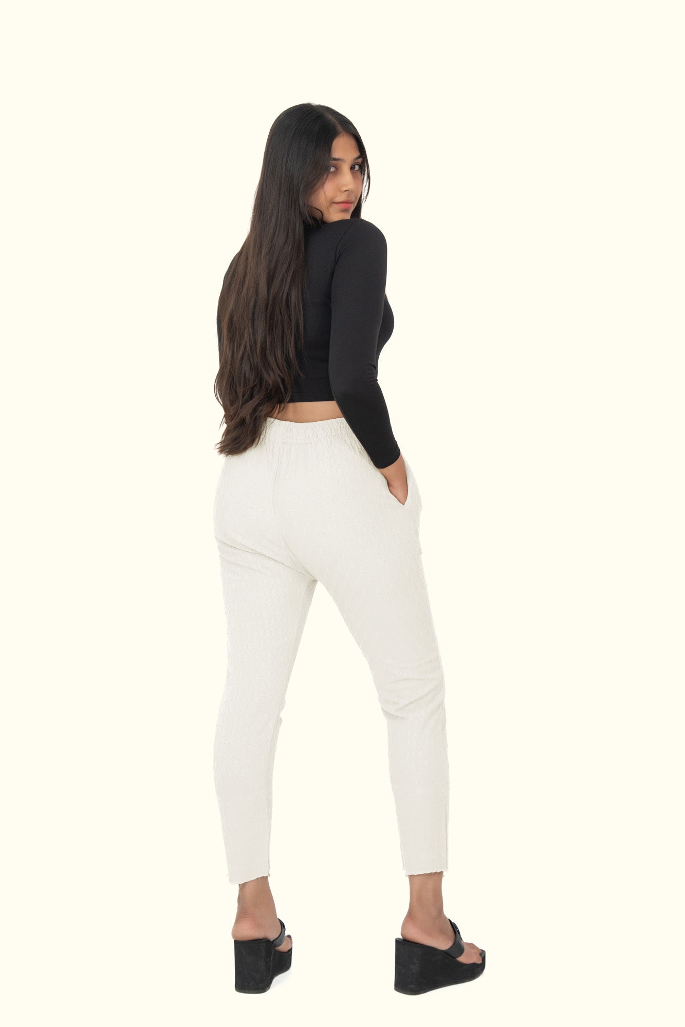 Off White Rayon Chikan Pant