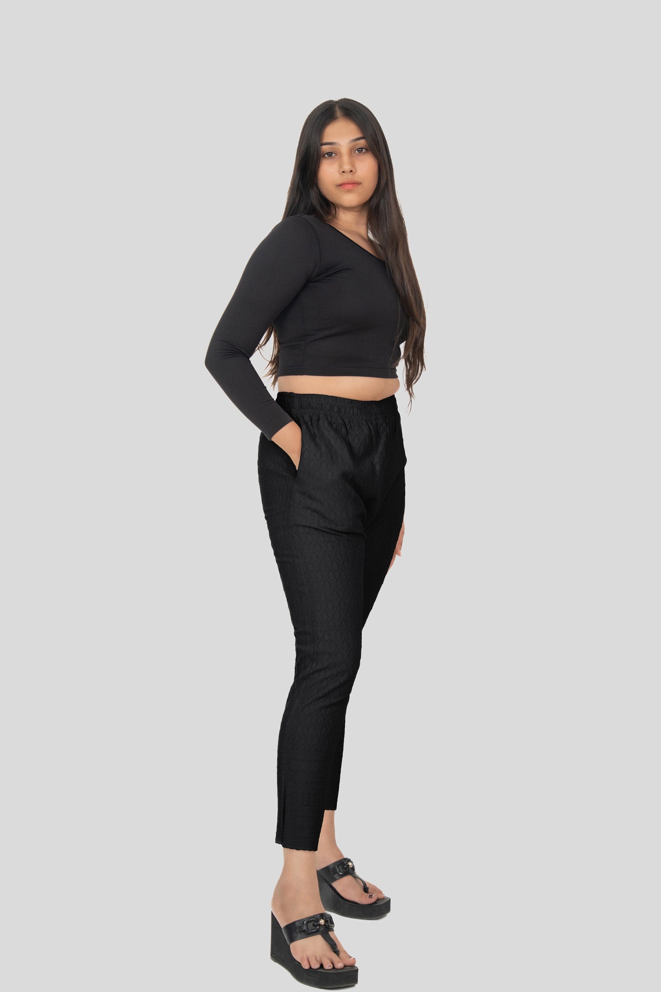 Black Rayon Chikan Pant