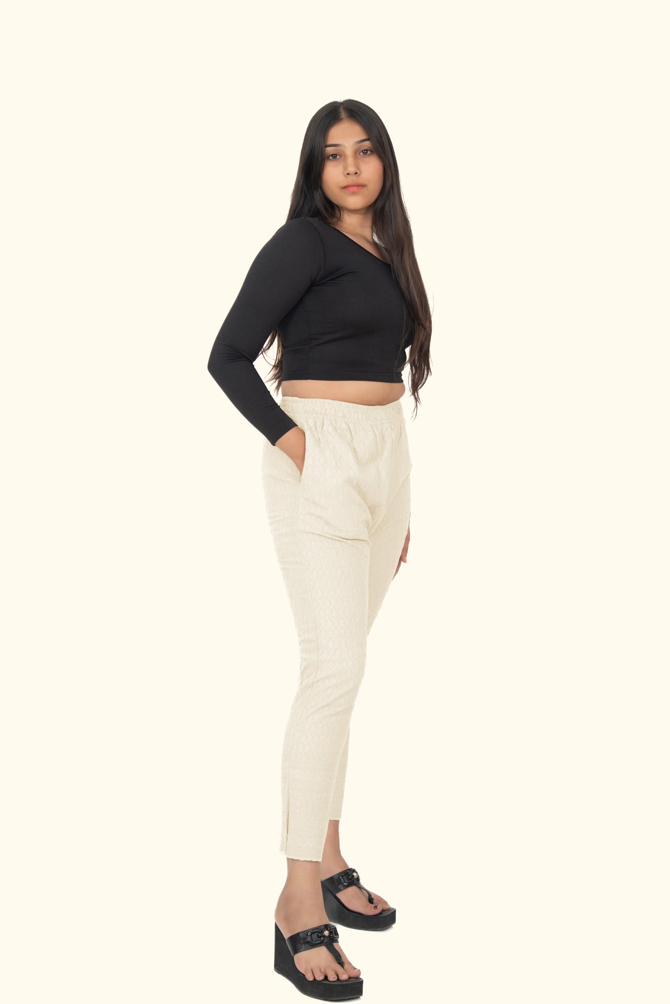 Cream Rayon Chikan Pant