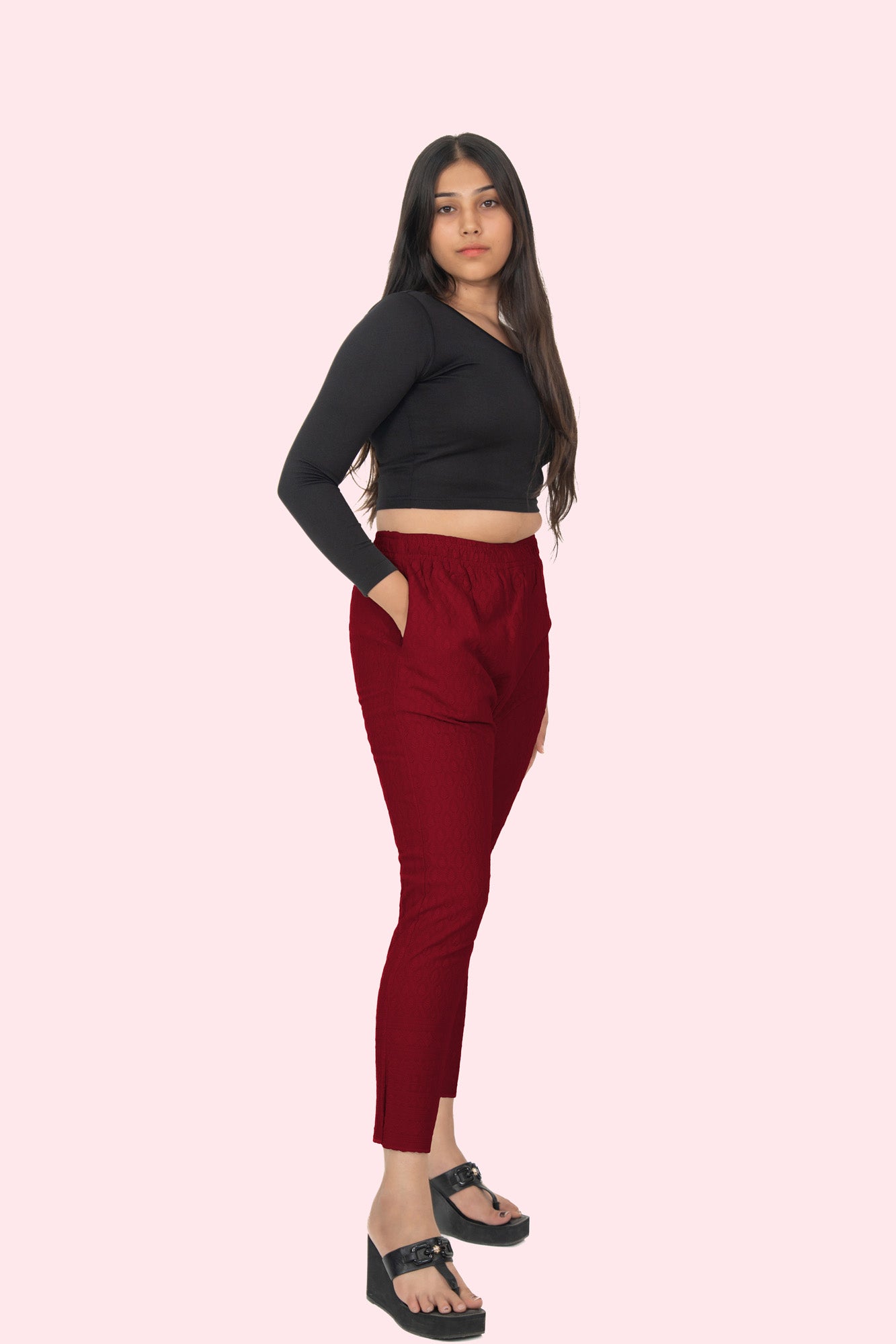 Red Rayon Chikan Pant