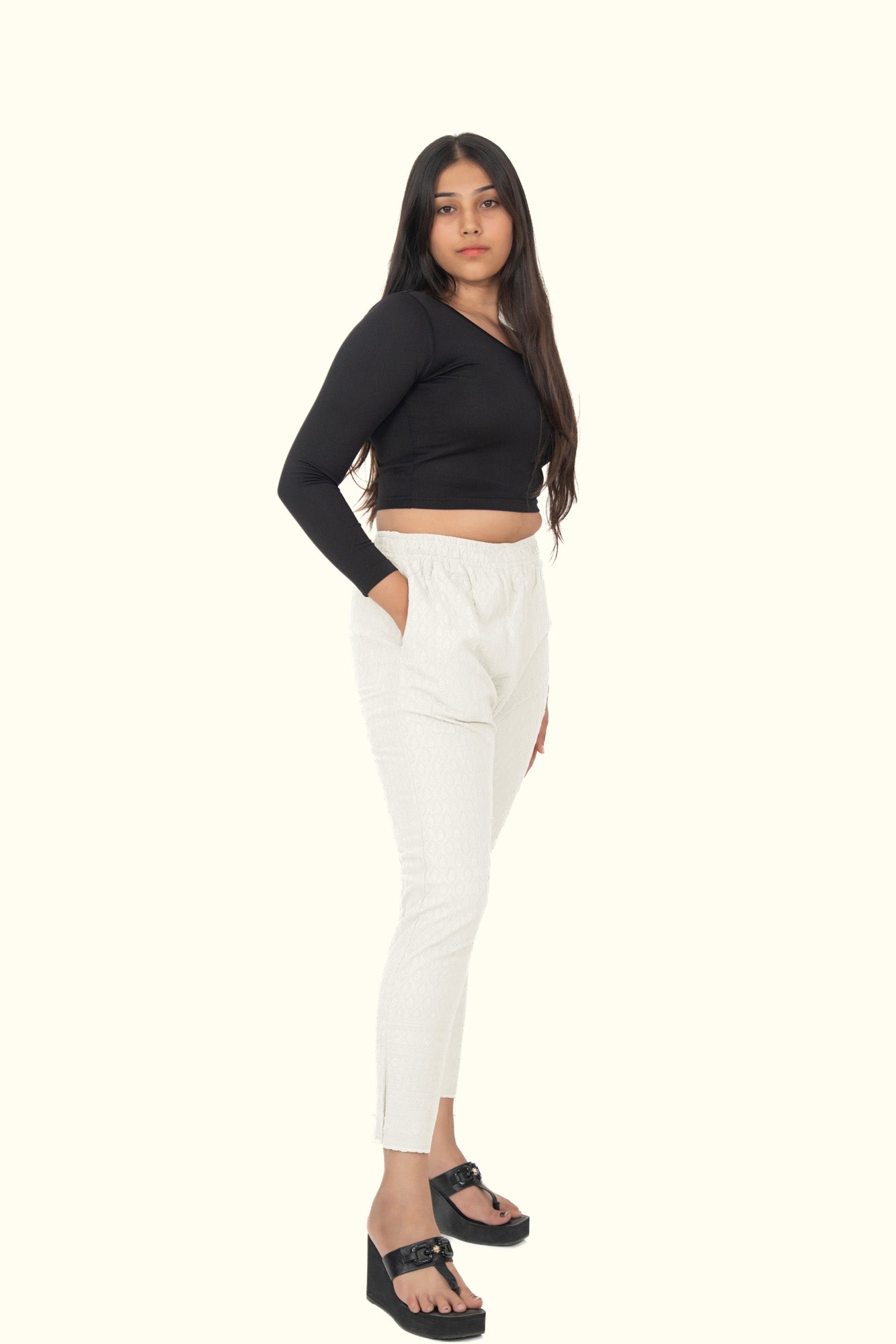 Off White Rayon Chikan Pant