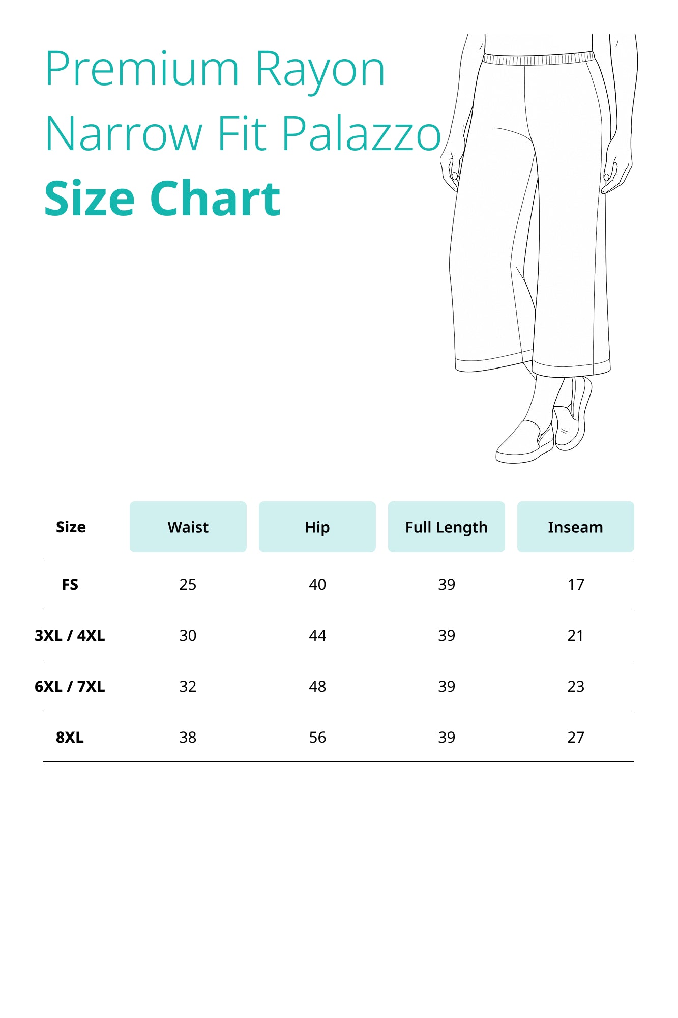 Size chart for Rayon Narrow Pants for Women