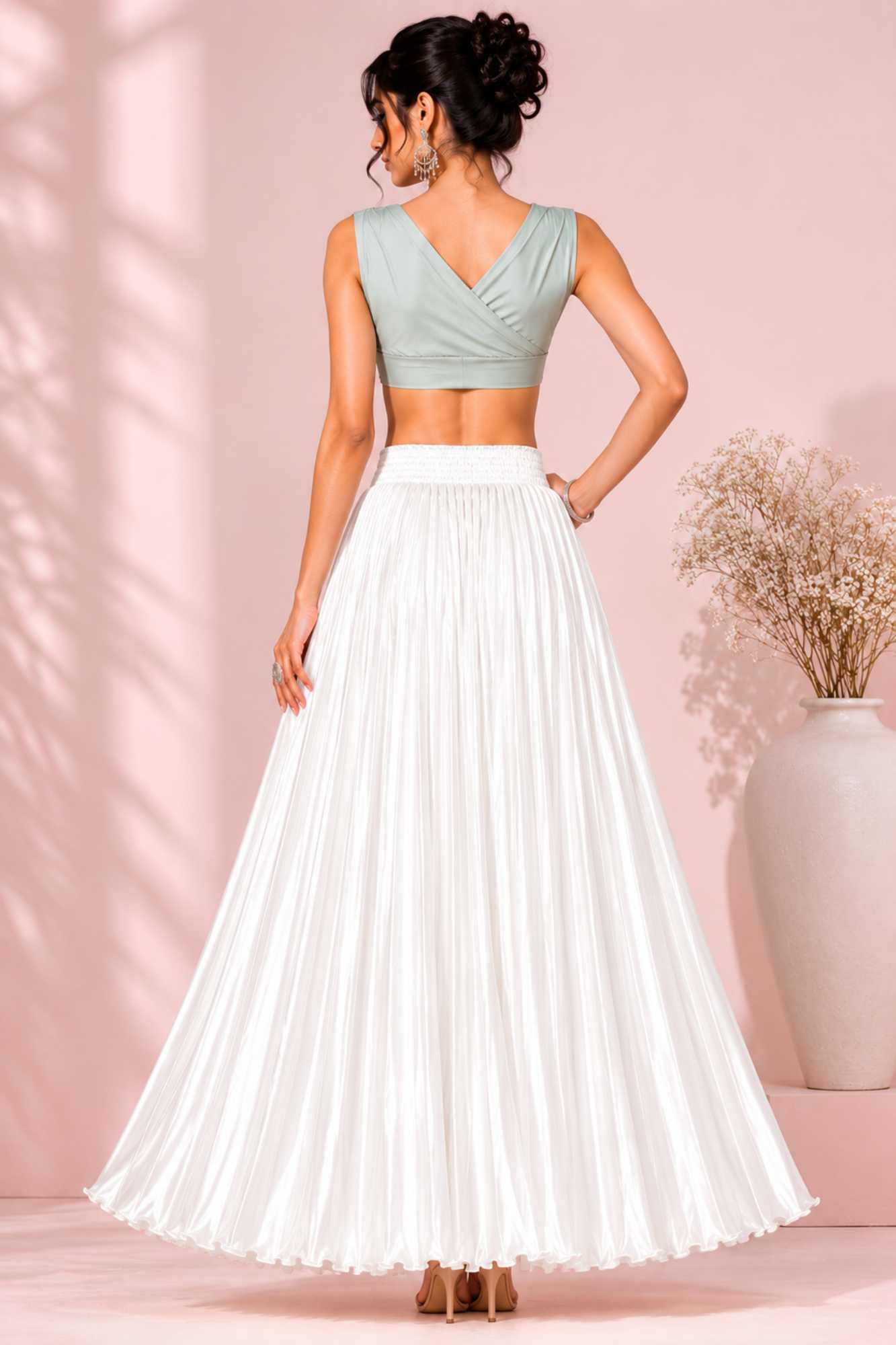 Off White Satin Silk Small Pleated - 344 Skirt