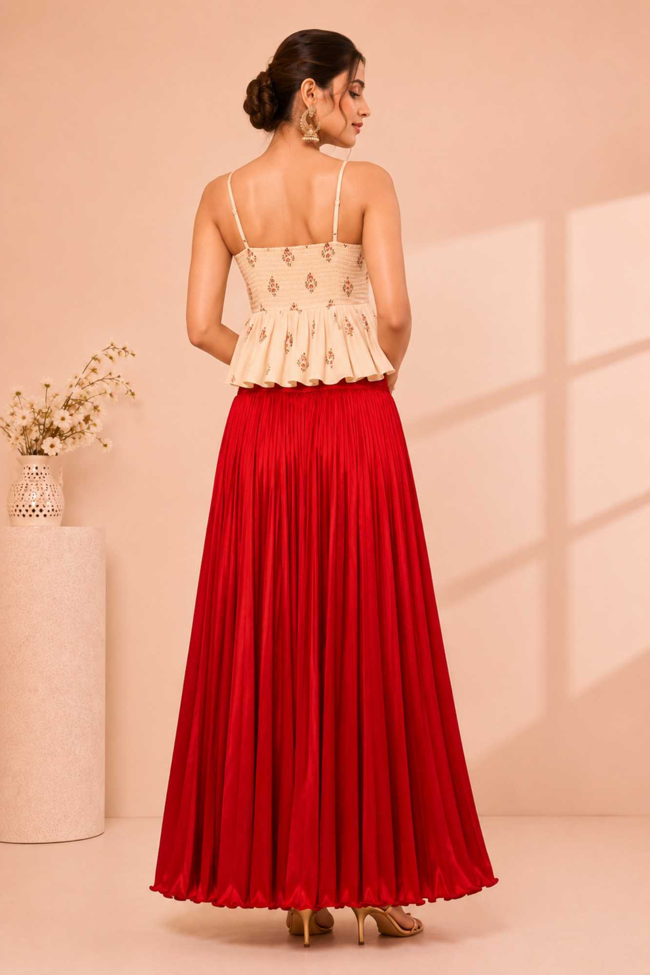 Red Satin Silk Small Pleated - 344 Skirt