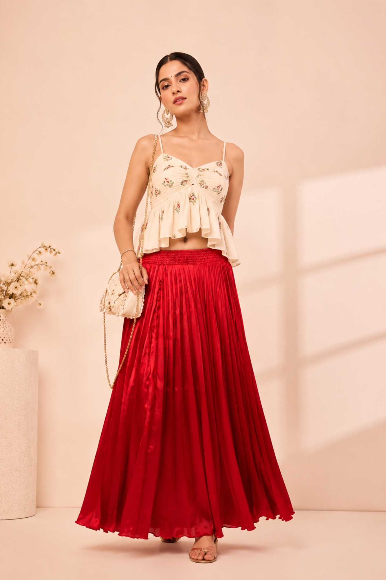 Red Satin Silk Small Pleated - 344 Skirt