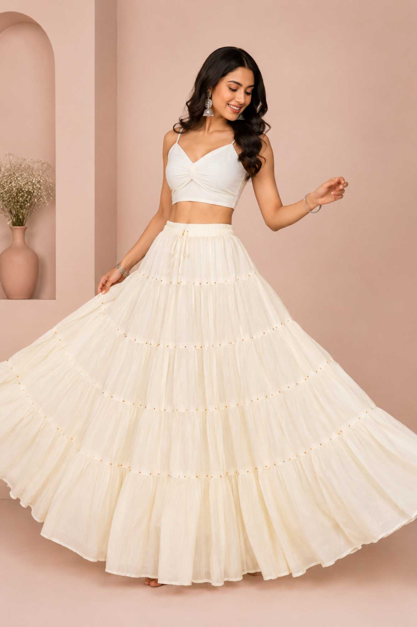 Cream Cotton Gold Beads Skirt