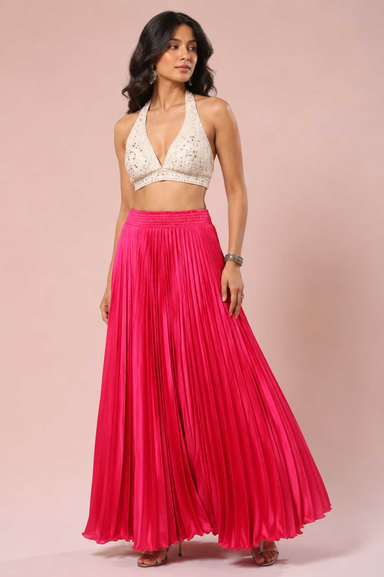 Fuscia Satin Silk Small Pleated - 344 Skirt