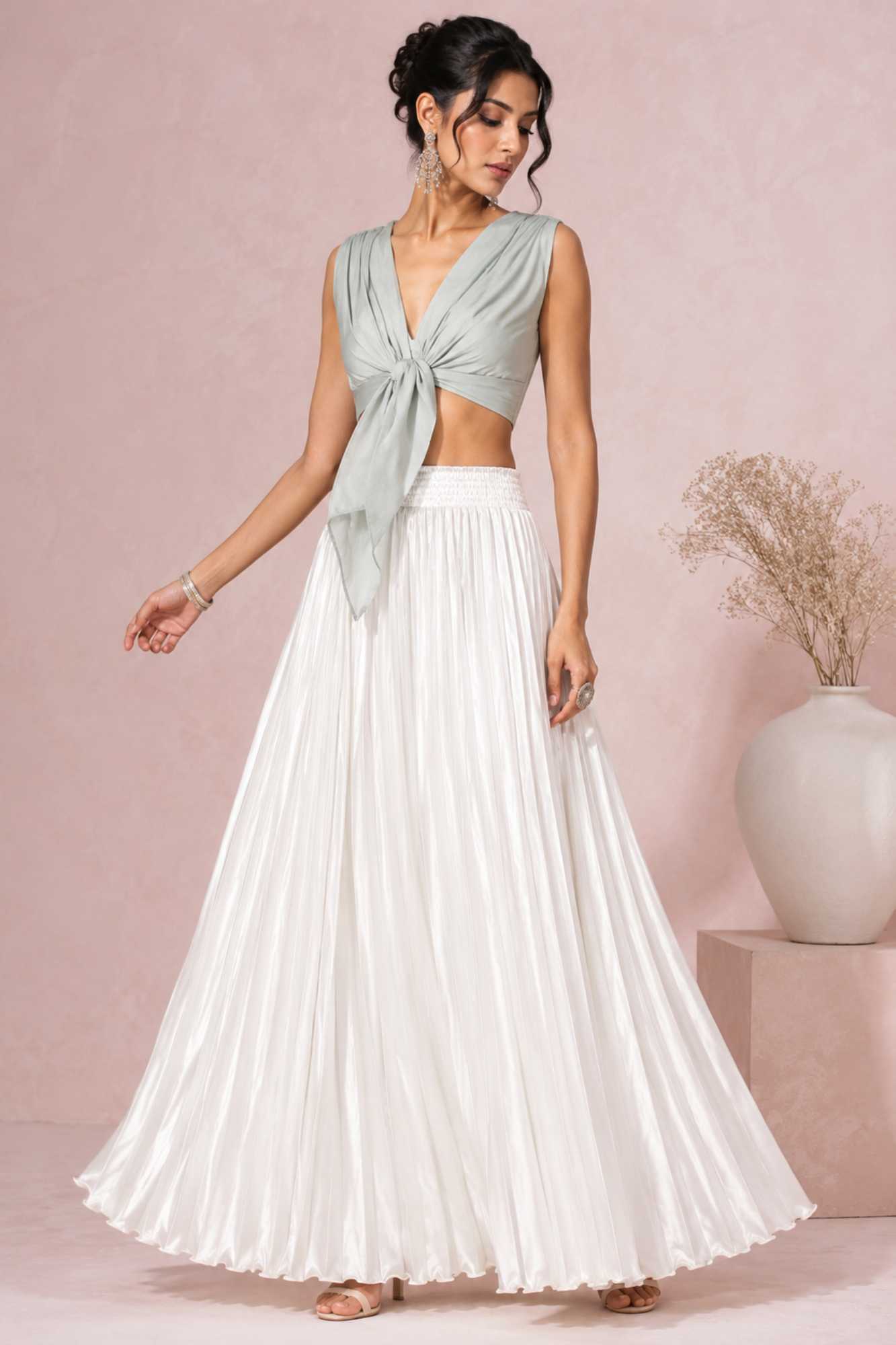 Off White Satin Silk Small Pleated - 344 Skirt