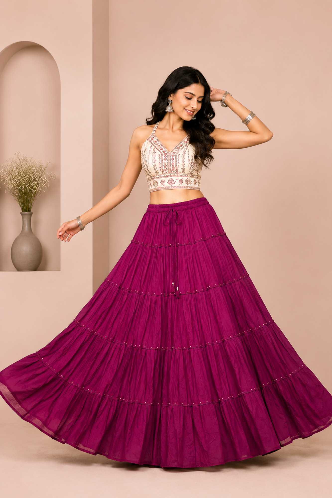 Purple Cotton Gold Beads Skirt