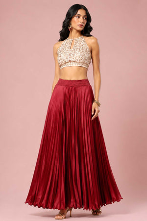 Maroon Satin Silk Small Pleated - 344 Skirt