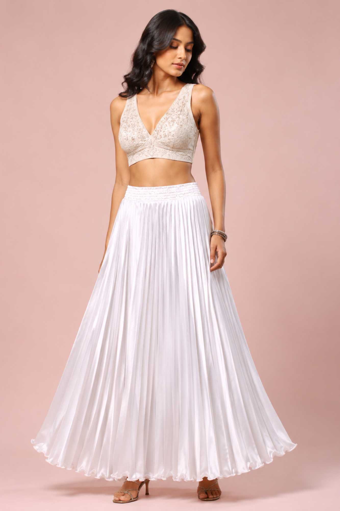 White Satin Silk Small Pleated - 344 Skirt