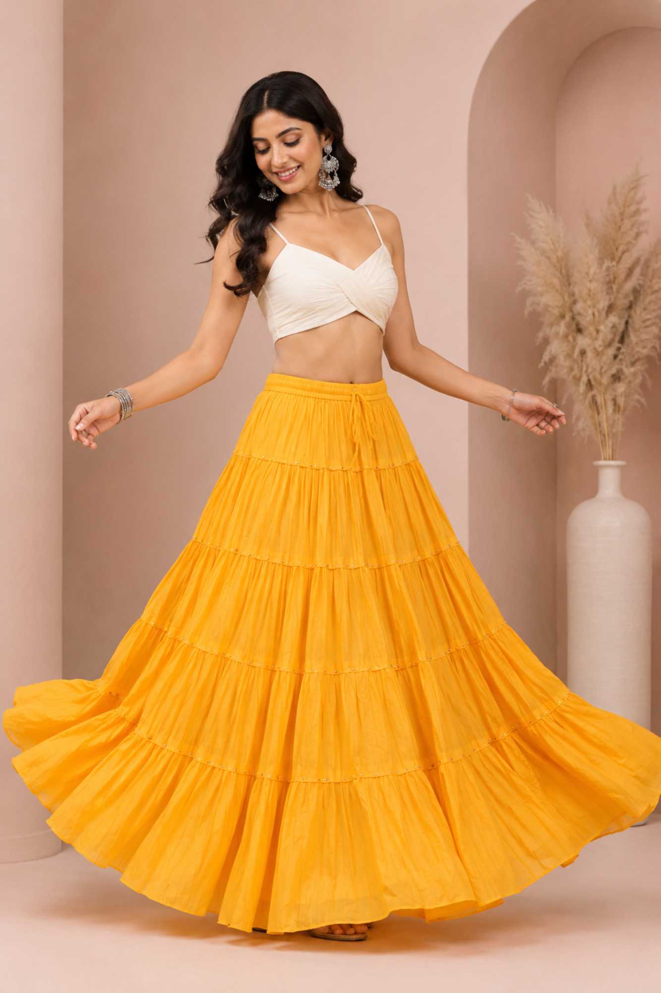 Yellow Cotton Gold Beads Skirt