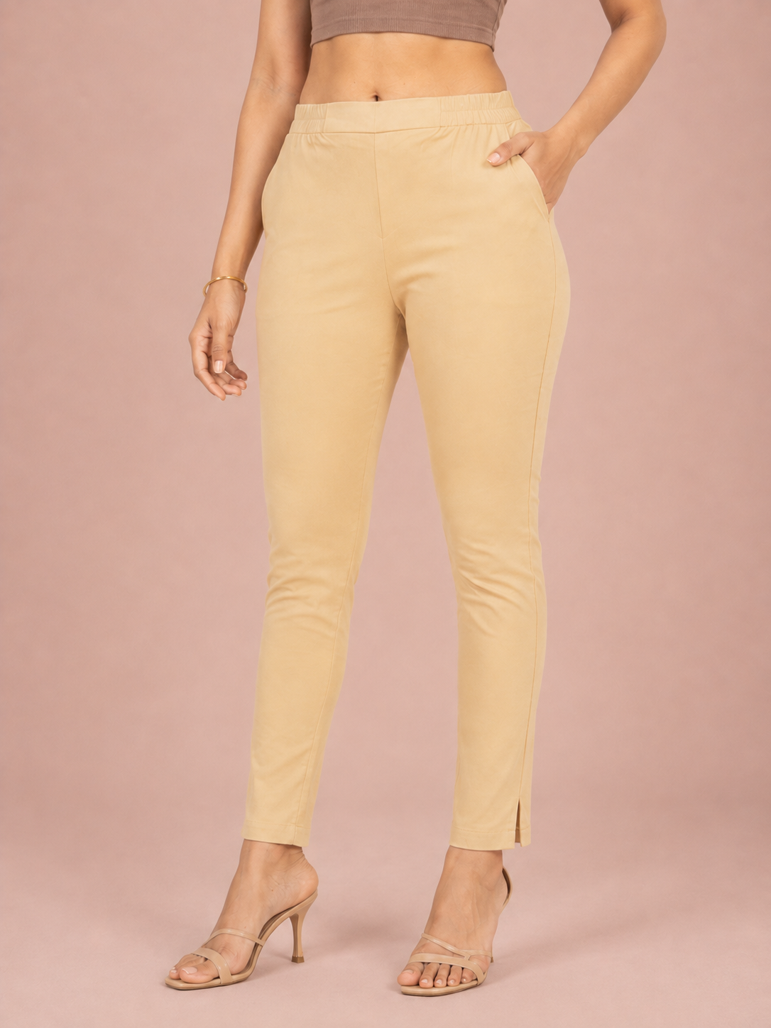 Beige Lycra Stretch Pants