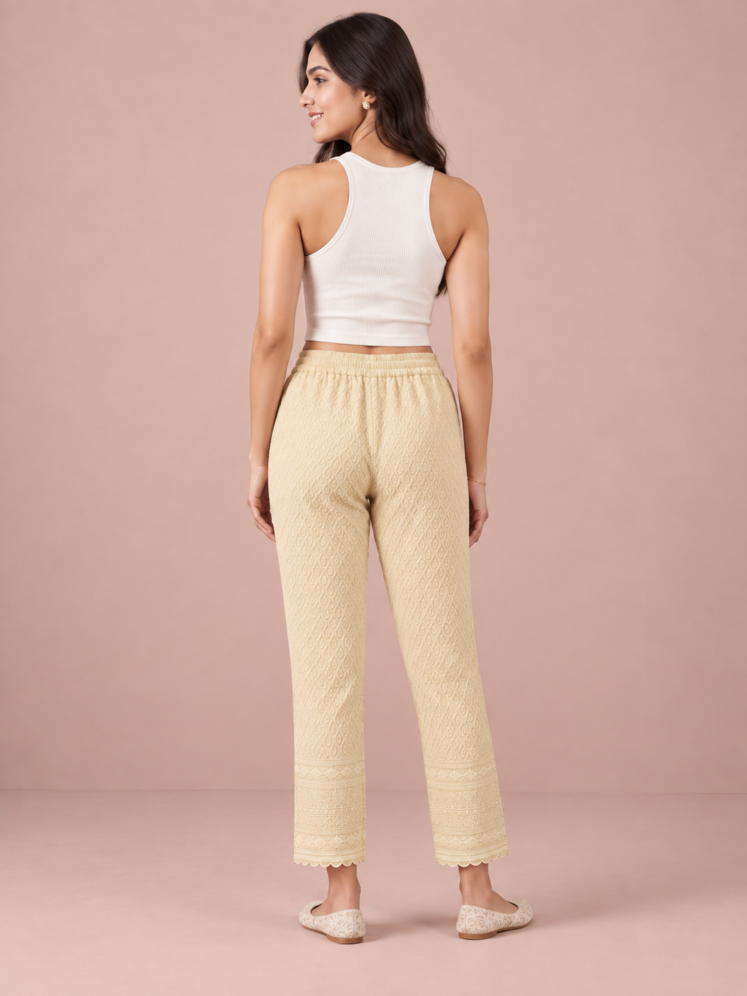 Beige Rayon Chikan Pants