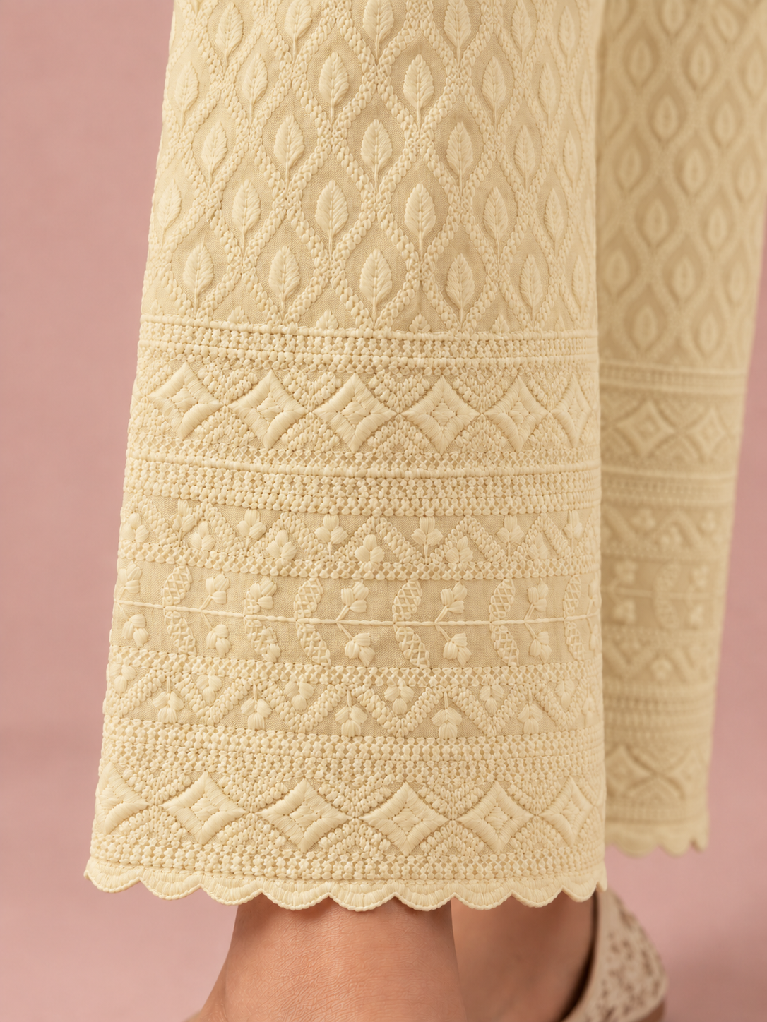Beige Rayon Chikan Pants