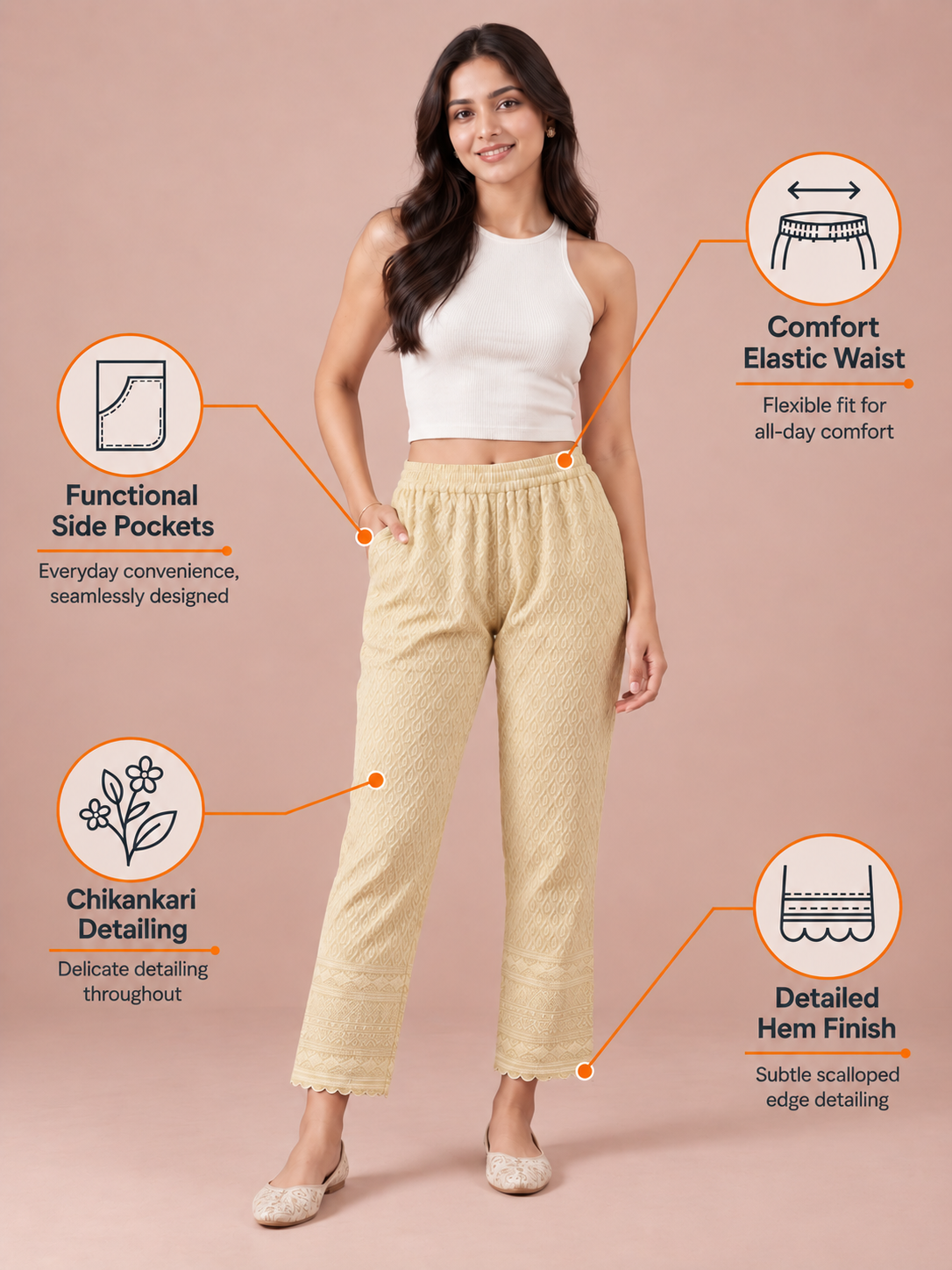 Beige Rayon Chikan Pants