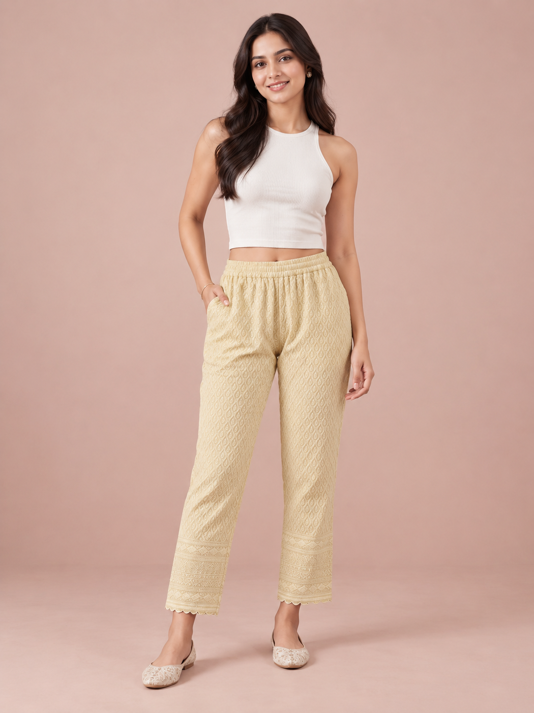 Beige Rayon Chikan Pants