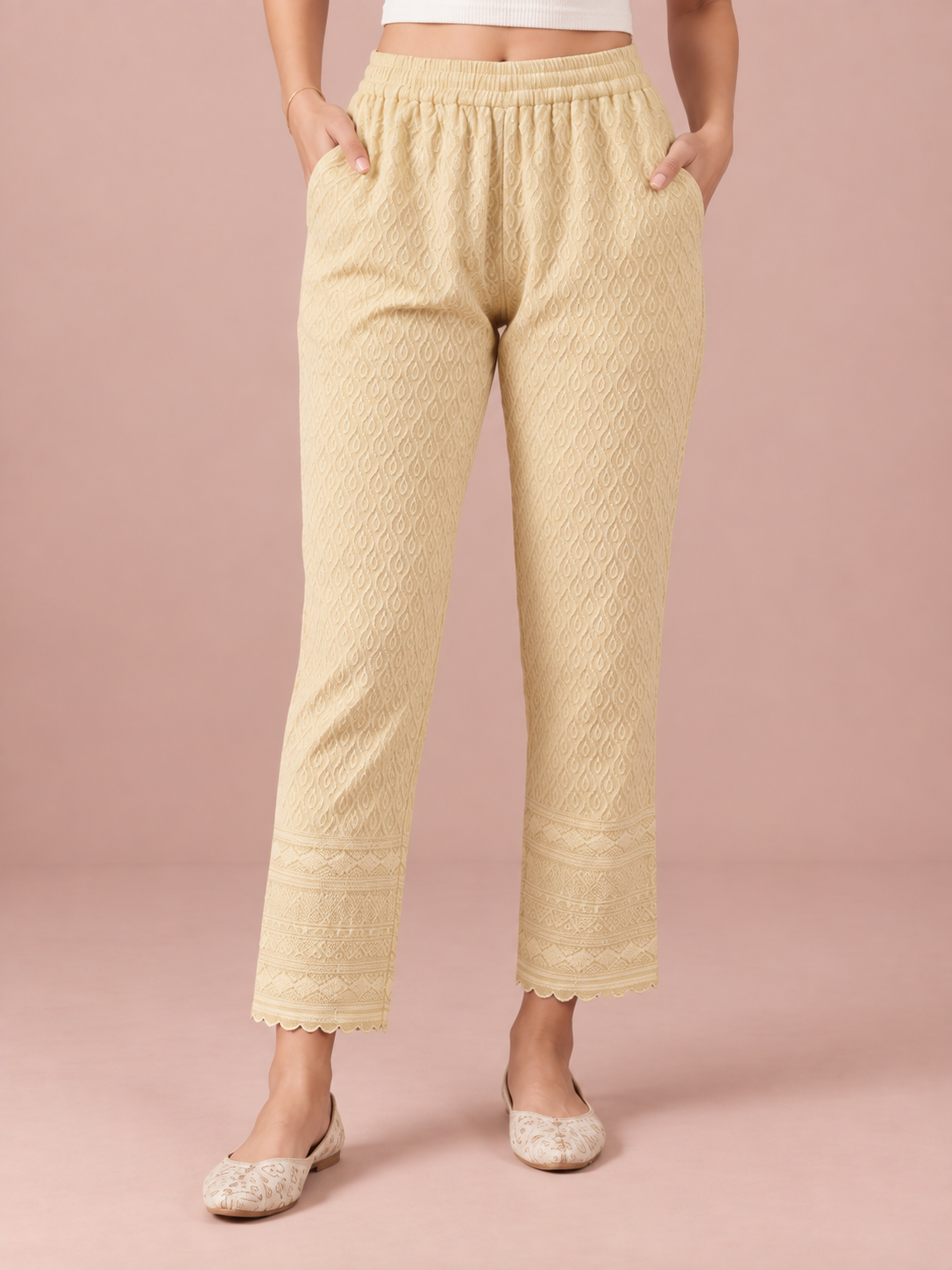 Beige Rayon Chikan Pants