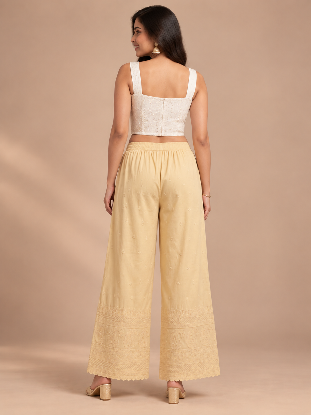 Beige Rayon Lucknowi Palazzo