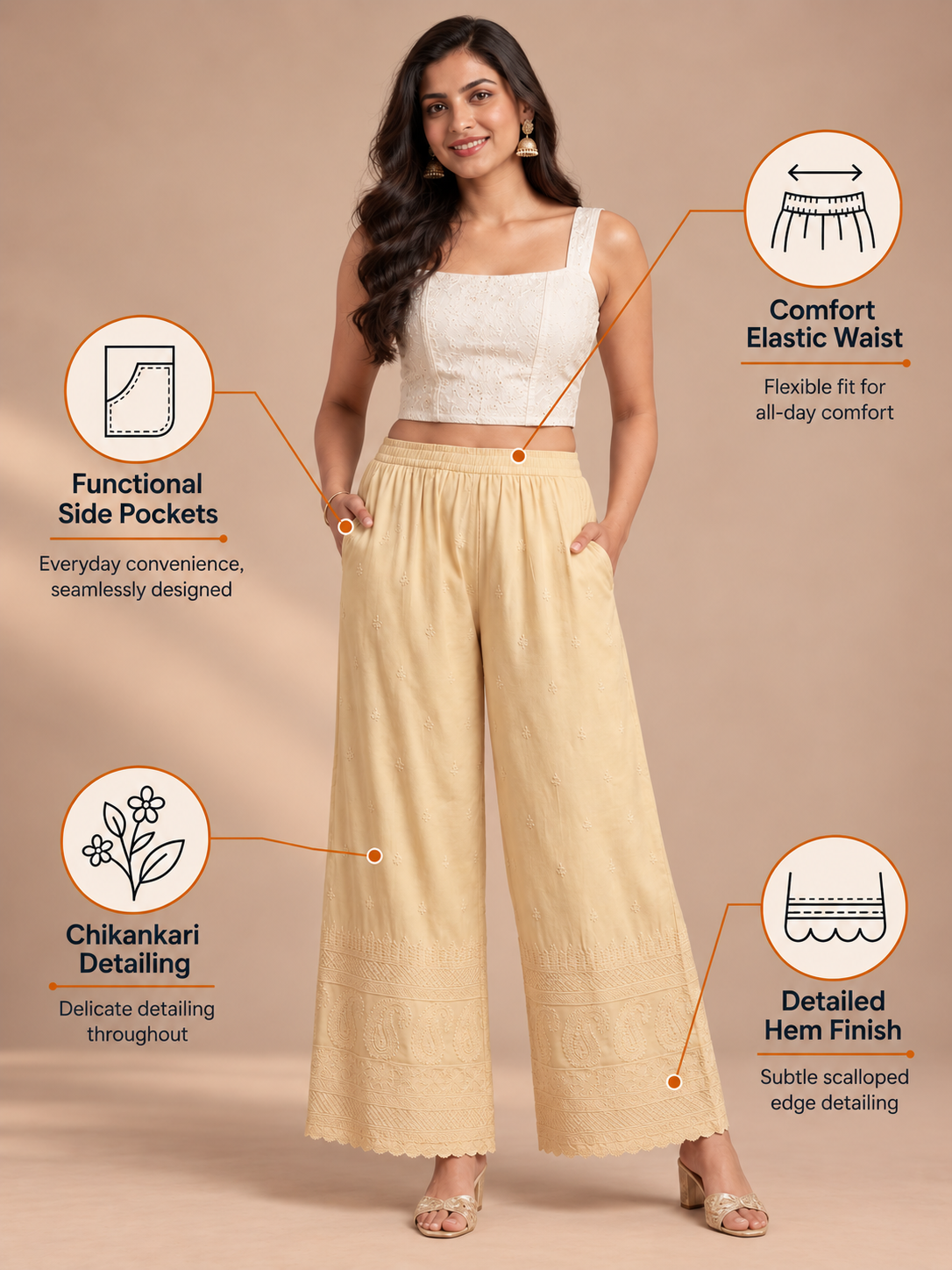 Beige Rayon Lucknowi Palazzo