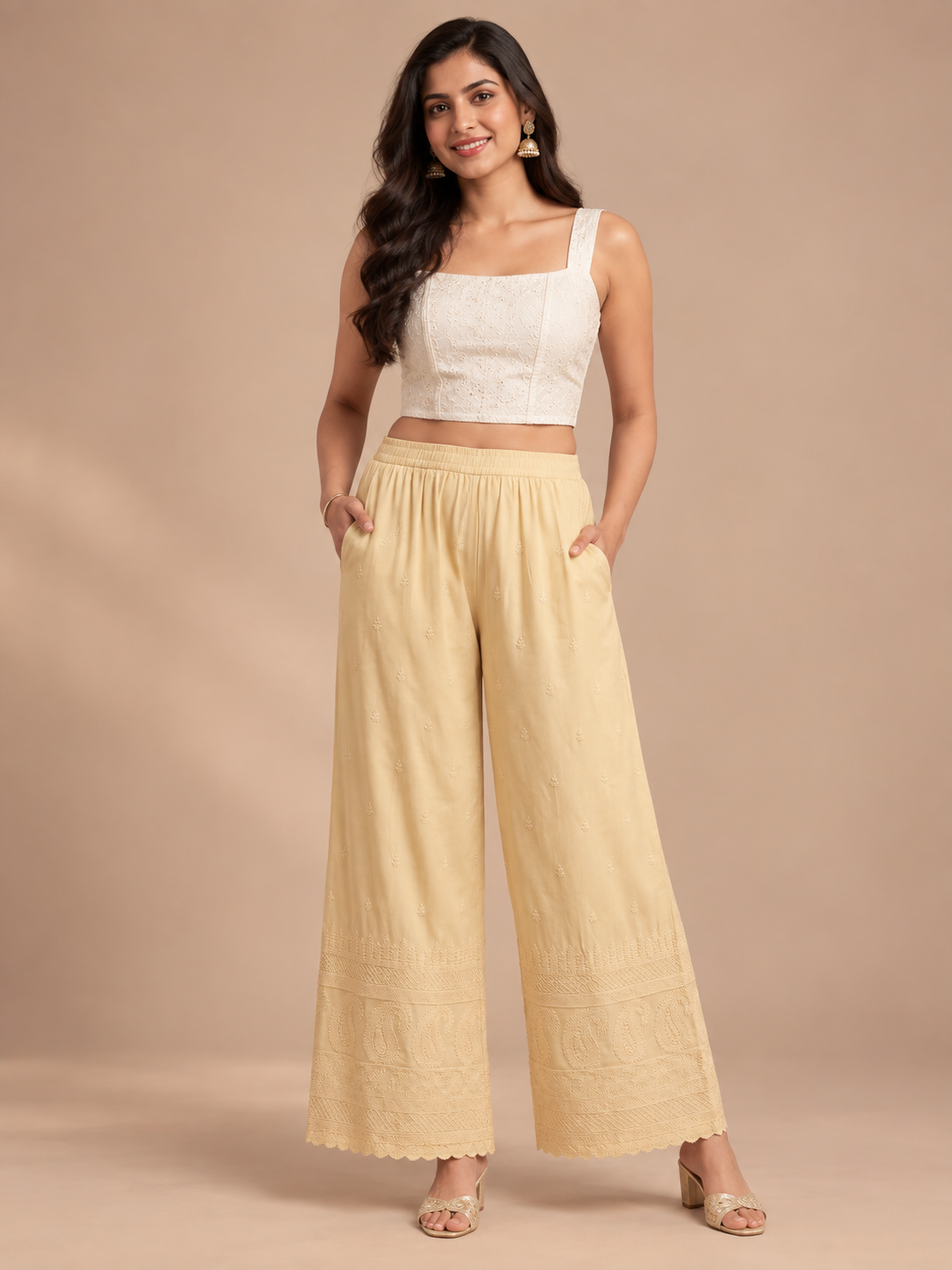 Beige Rayon Lucknowi Palazzo