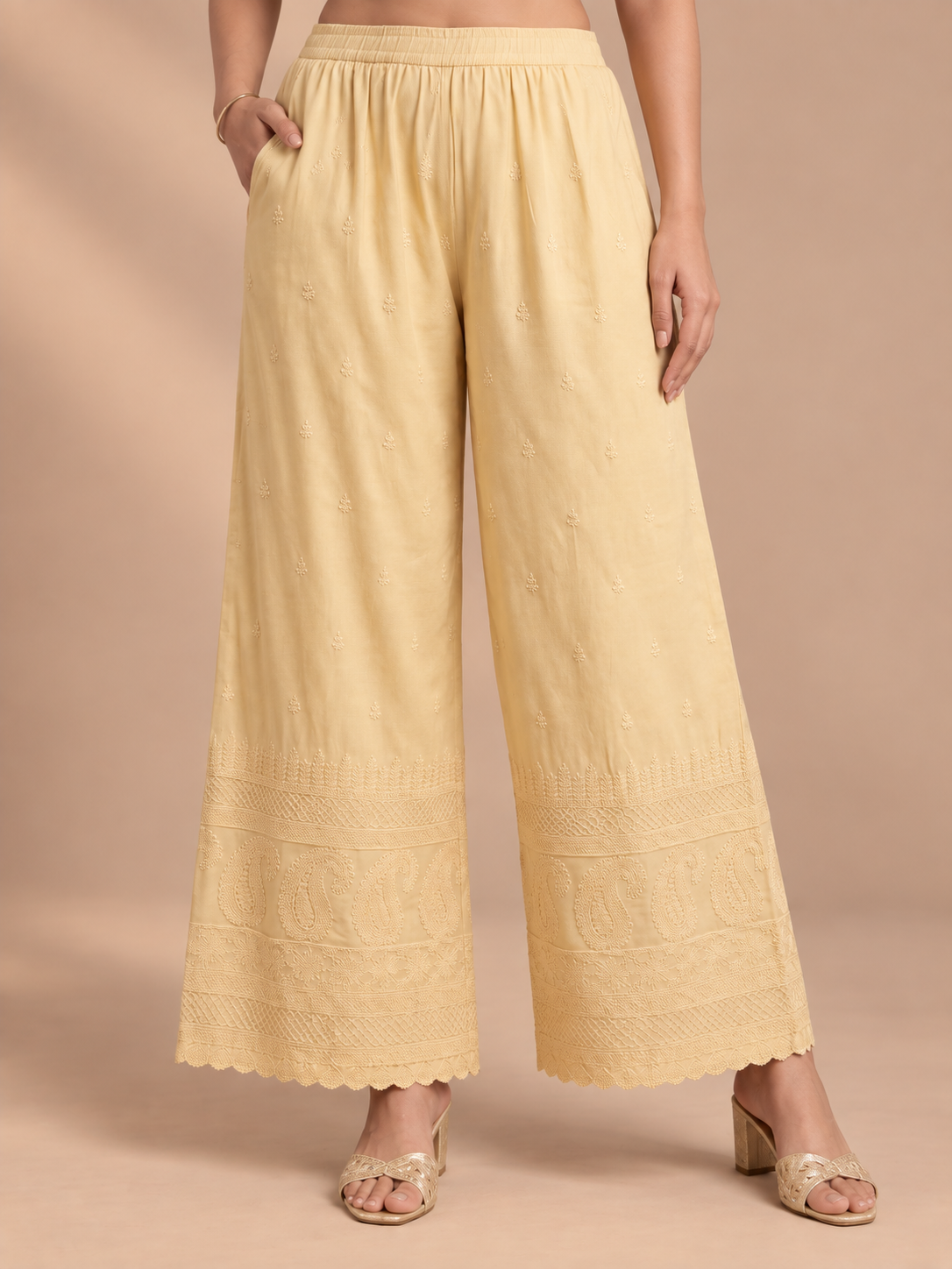 Beige Rayon Lucknowi Palazzo