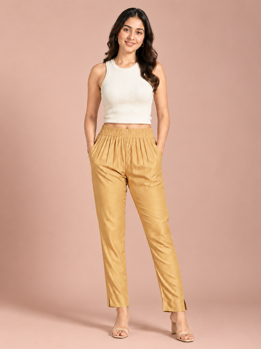 Beige Rayon Silk Pants