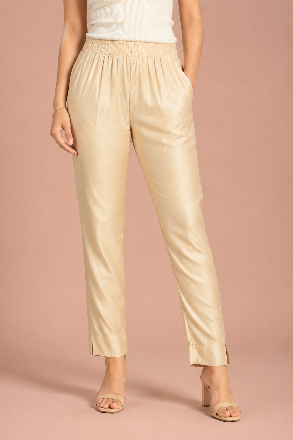 Beige Rayon Silk Pants