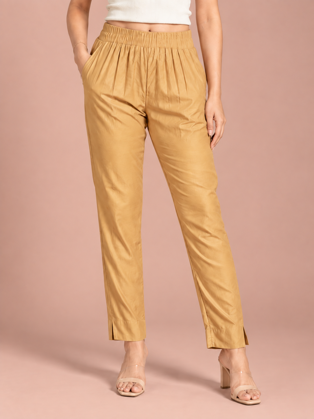 Beige Rayon Silk Pants