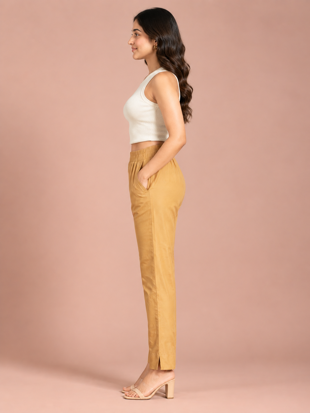 Beige Rayon Silk Pants
