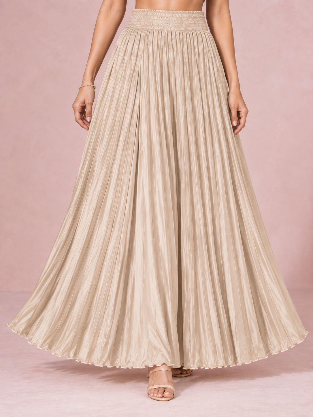 Beige Satin Silk Small Pleated Skirt