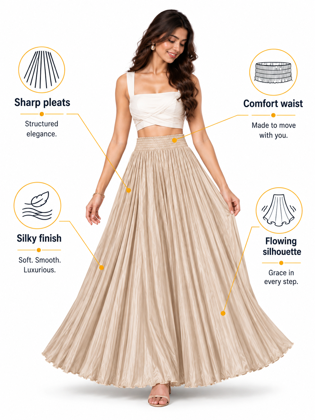Beige Satin Silk Small Pleated Skirt