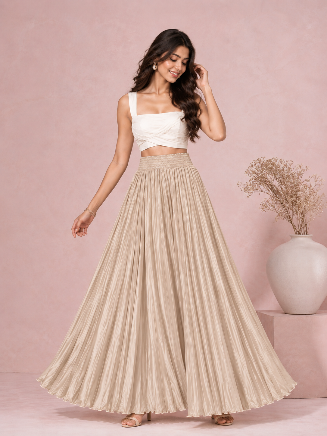 Beige Satin Silk Small Pleated Skirt