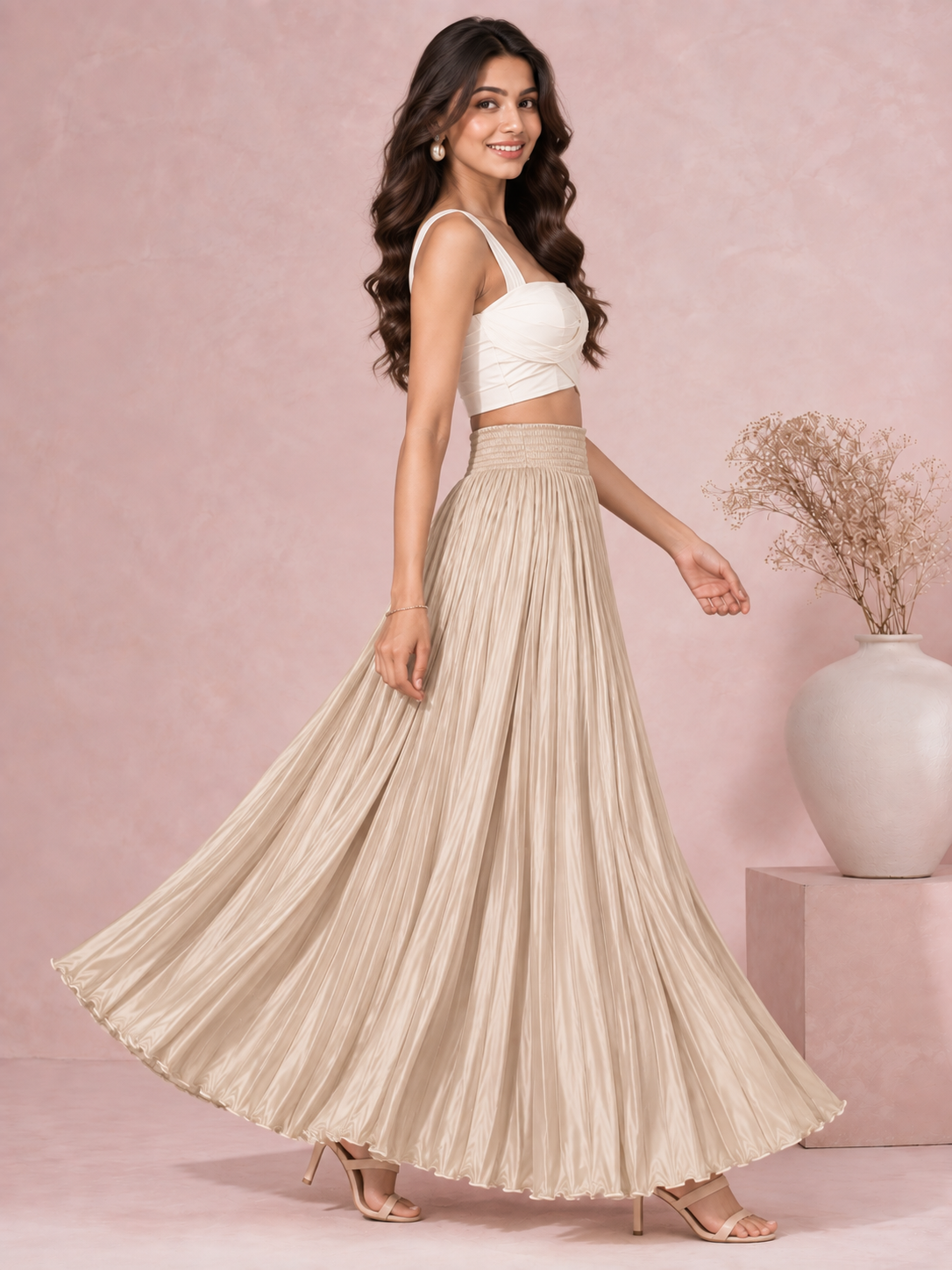 Beige Satin Silk Small Pleated Skirt