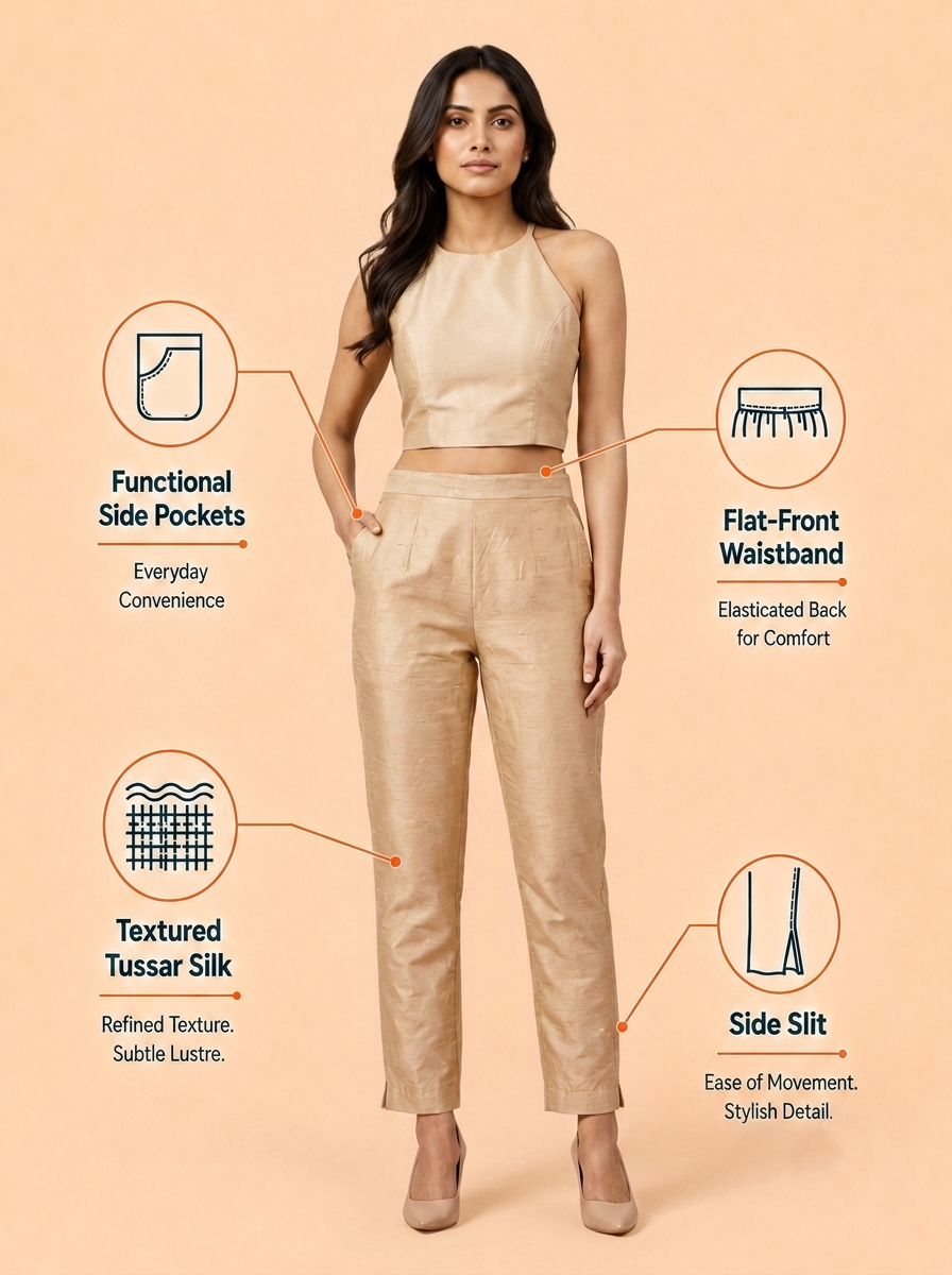 Beige Tussar Silk Pant