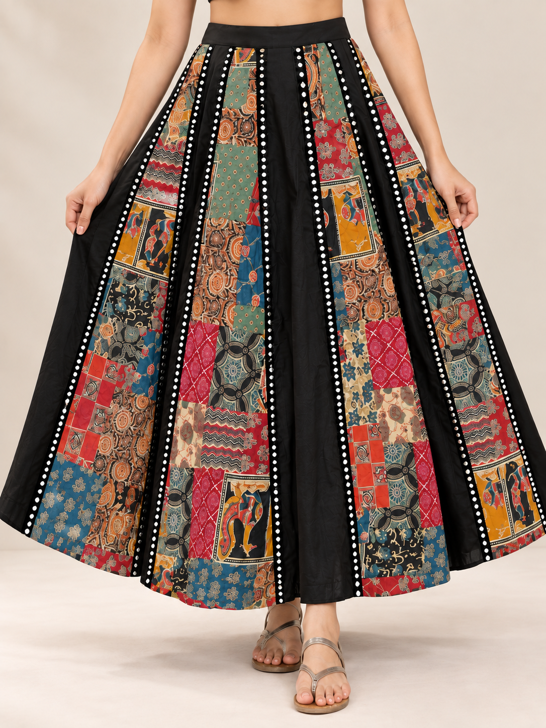 Black Ajrakh Print Mirror Lace Skirt