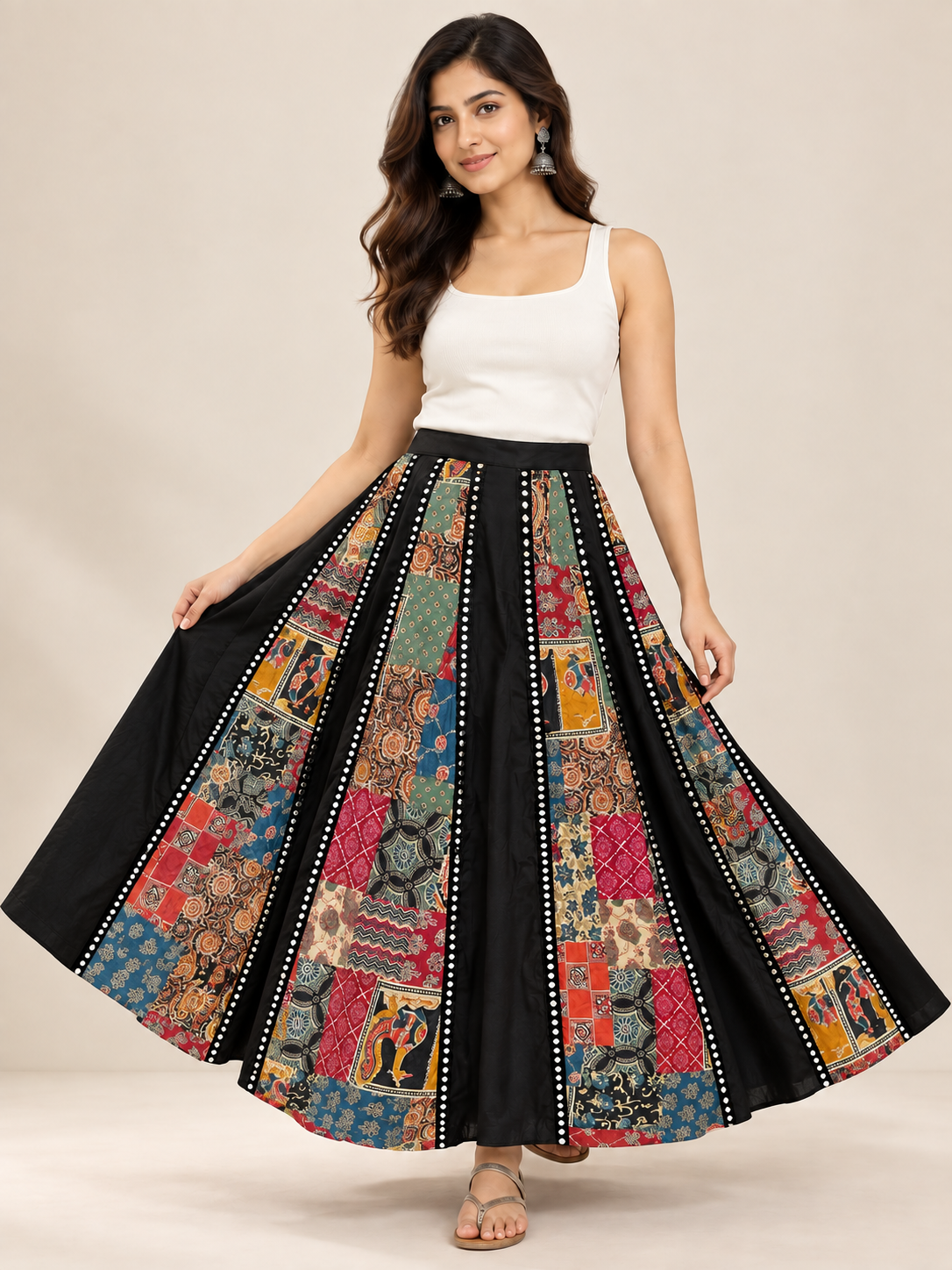 Black Ajrakh Print Mirror Lace Skirt
