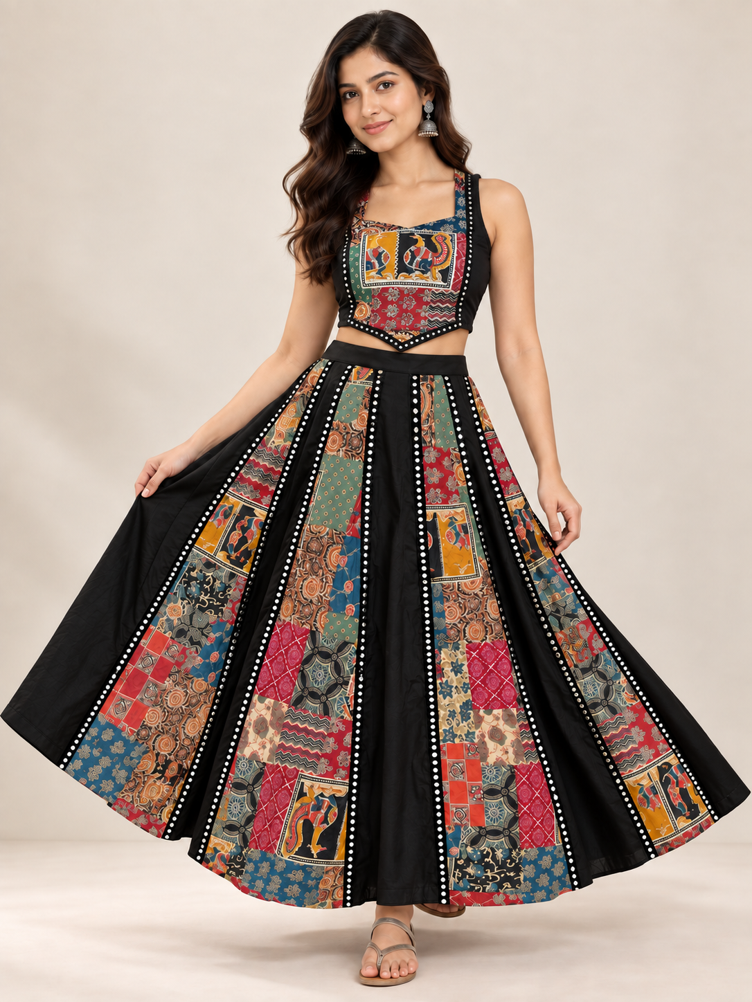 Black Ajrakh Print Mirror Lace Skirt