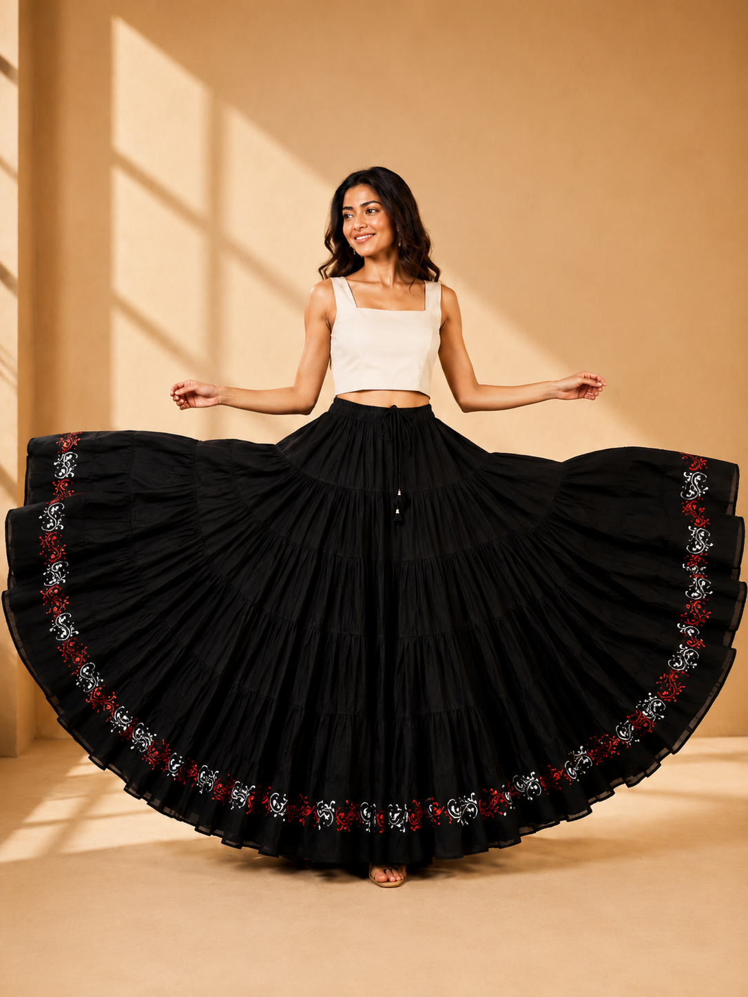 Black Block Print 20Mtr Cotton Skirt