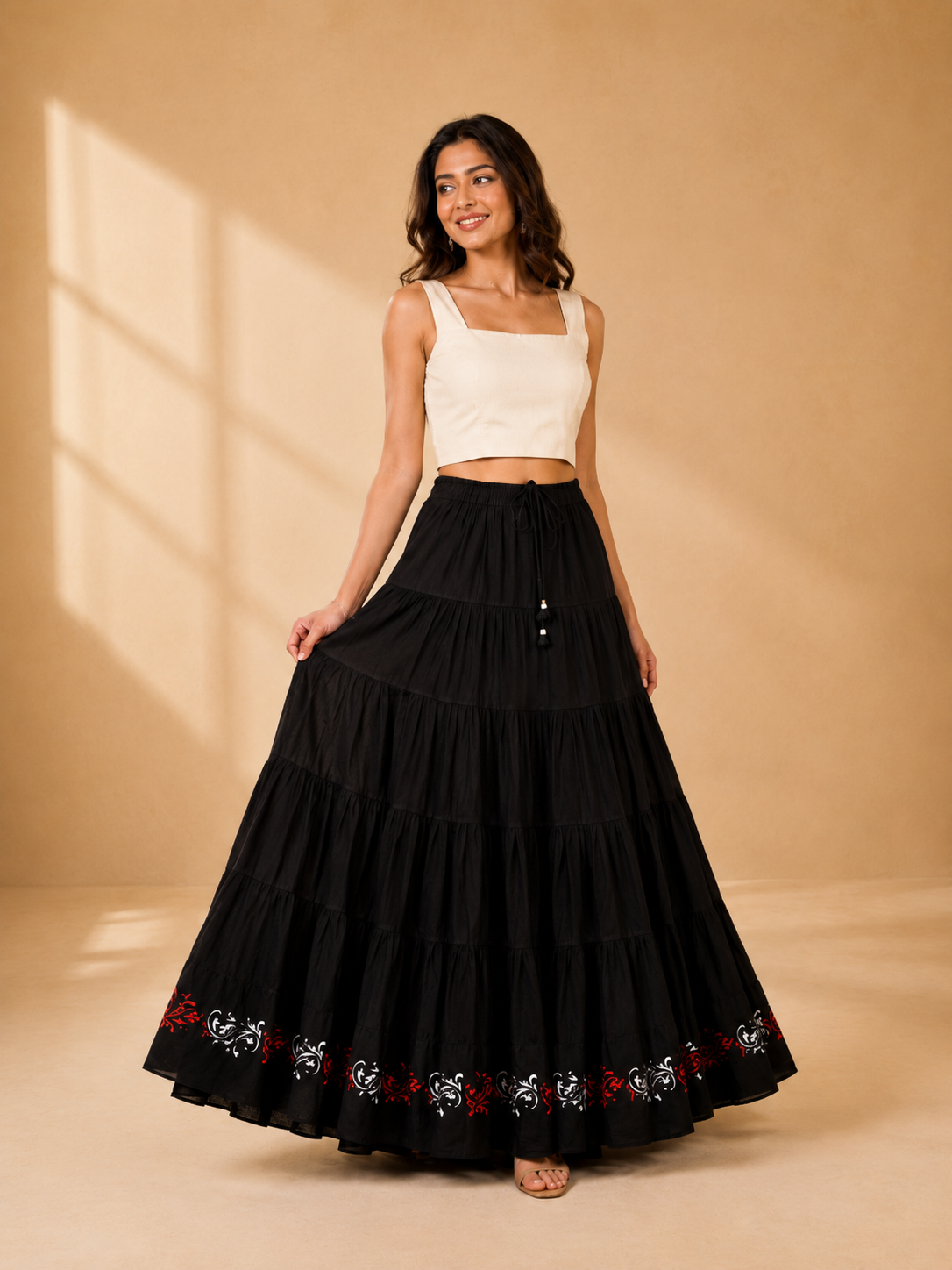 Black Block Print 20Mtr Cotton Skirt