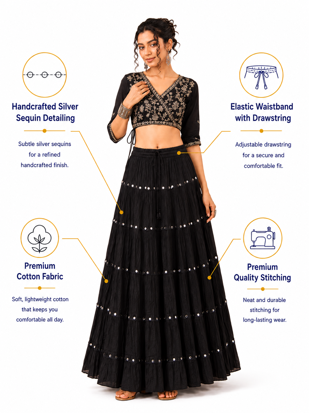Black Cotton Solid Silver Sequin 10mtr Skirt