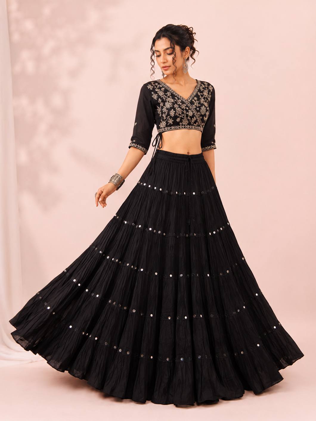 Black Cotton Solid Silver Sequin 10mtr Skirt