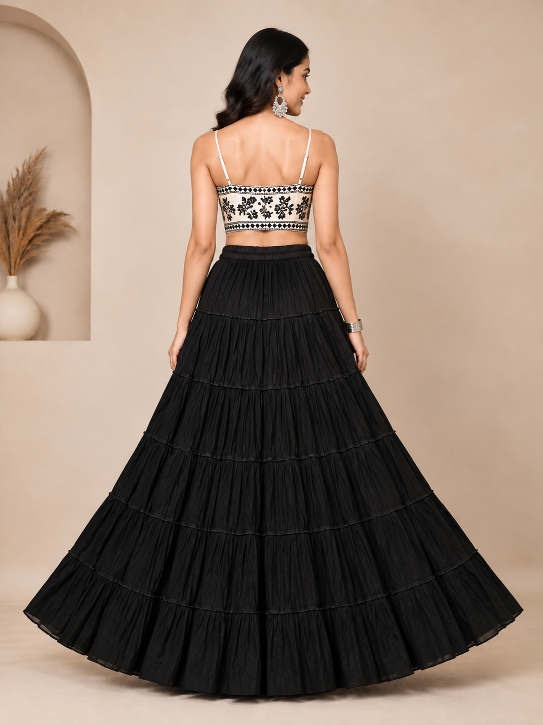 Black Cotton Solid Flared Skirt