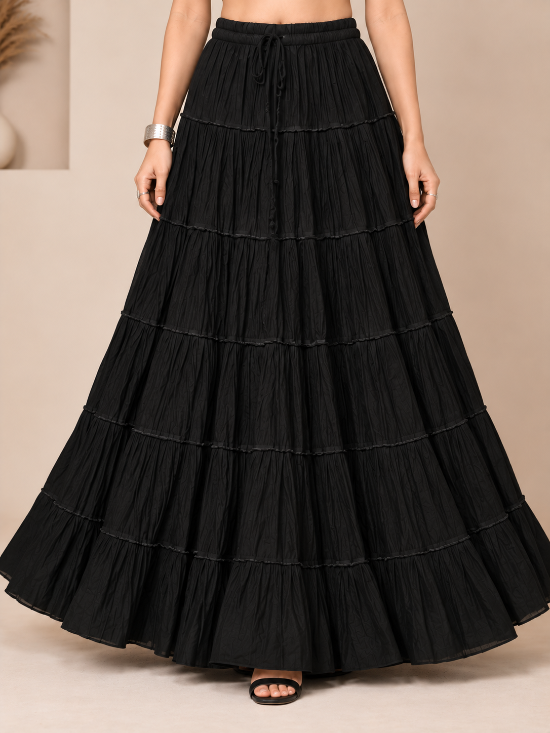Black Cotton Solid Flared Skirt