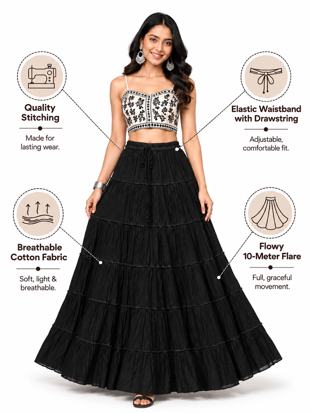Black Cotton Solid Flared Skirt