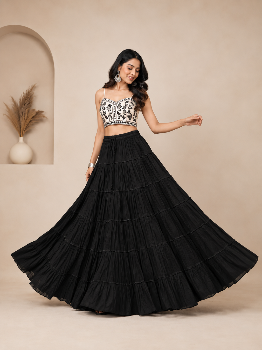 Black Cotton Solid Flared Skirt