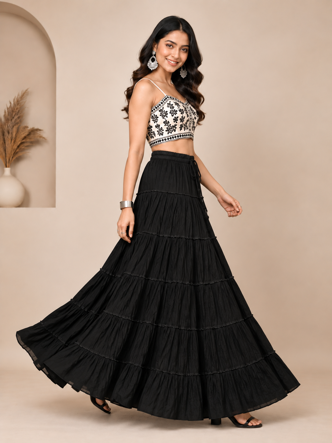 Black Cotton Solid Flared Skirt